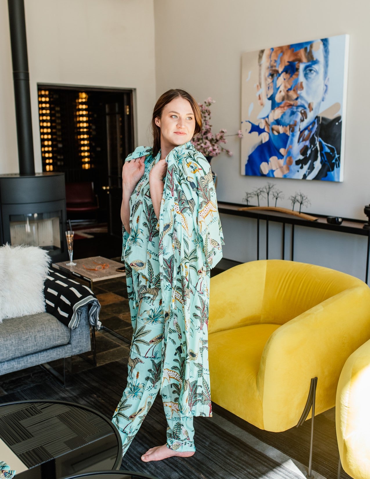 Discover pure bliss with our Jungle themed print on Aqua Blue background Silk Long Pajamas. Immerse yourself in luxurious comfort and timeless elegance as you lounge in style. Crafted from the finest silk, these pajamas redefine relaxation. Elevate your sleepwear and loungewear collection with sophistication and indulgence.